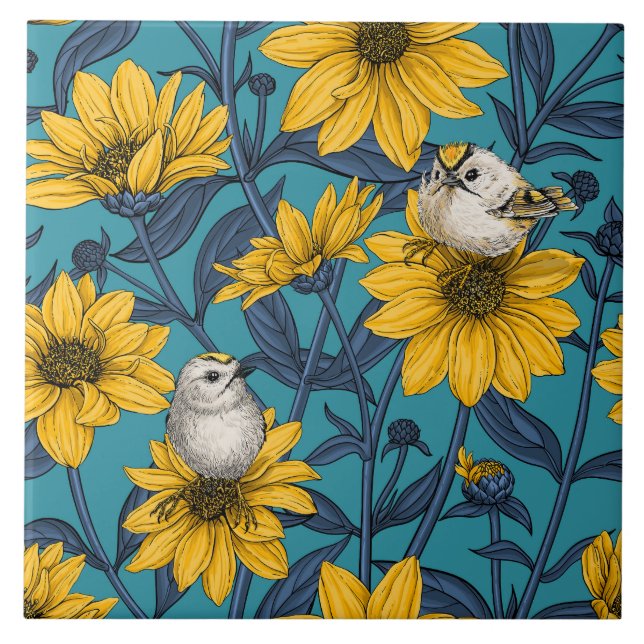 Wild sunflowers and goldcrest birds/ yellow  tile (Front)