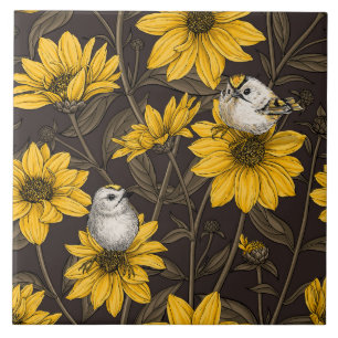 Wild sunflowers and goldcrest birds/ yellow  tile