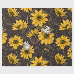 Wild sunflowers and goldcrest birds/ yellow wrapping paper