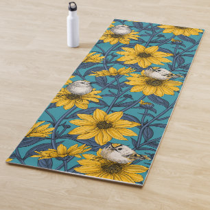 Wild sunflowers and goldcrest birds/yellow yoga mat