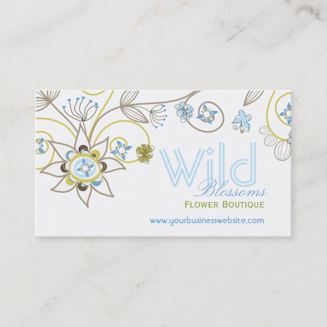 Wild Sweet Blue Blossom Flowers Whimsical Floral Business Card (Front)