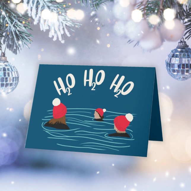 Wild swimming friends in woolly hats Christmas Holiday Card (Creator Uploaded)