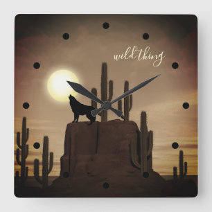 wild thing ~ Full Moon Wolf Howling Desert Cactus Square Wall Clock