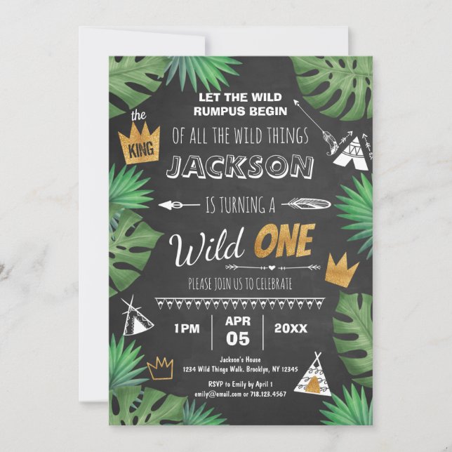 Wild Thing Glitter ONE Birthday Boy Chalkboard Inv Invitation (Front)