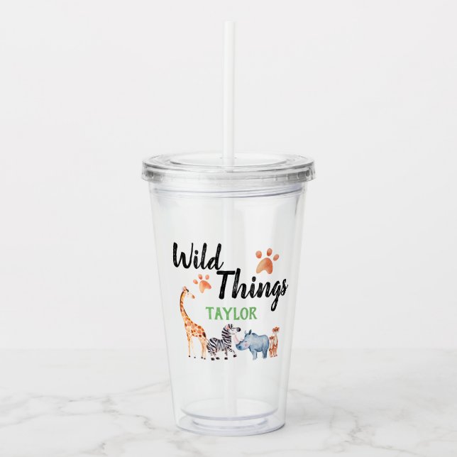 Wild Things Safari Animal Birthday Kids Watercolor Acrylic Tumbler (Front)