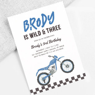 Wild Three Blue Dirt Bike Boy 3rd Birthday Invitation