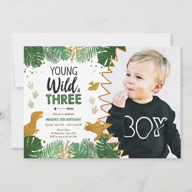Wild Three Dino Party Boy Gold Dinosaur Birthday Invitation (Front)