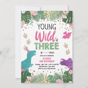 Wild Three Pink Dinosaur Girl Birthday Invitation