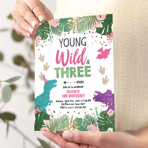 Wild Three Pink Dinosaur Girl Birthday Invitation