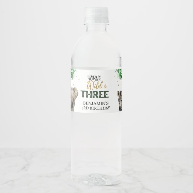 Wild & Three Safari birthday invitation Water Bottle Label (Front)
