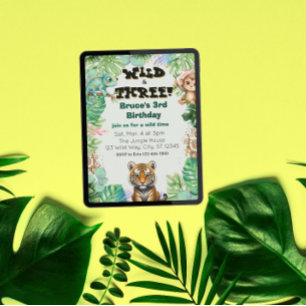 Wild & Three, Watercolor Jungle Birthday Invitation