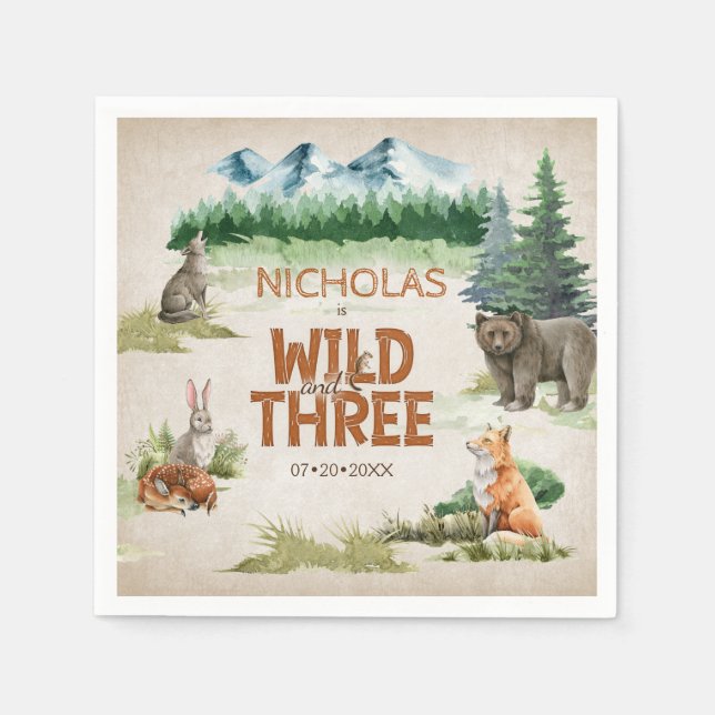 Wild Three Woodland Animal 3rd Birthday Party Napkin (Front)