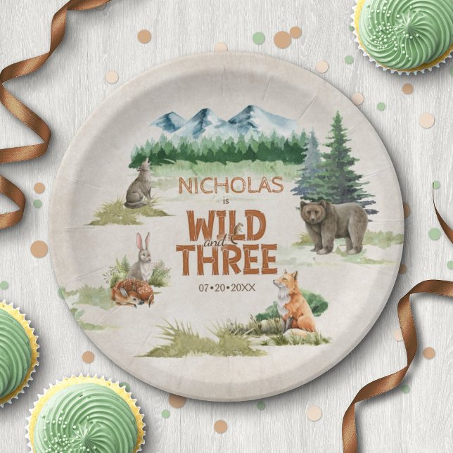 Wild Three Woodland Animal 3rd Birthday Party Paper Plate (Creator Uploaded)