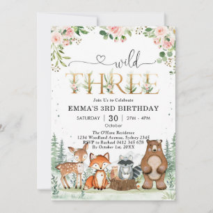 Wild Three Woodland Party Animals 3rd Birthday Invitation