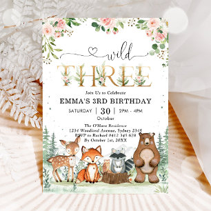 Wild Three Woodland Party Animals 3rd Birthday Invitation