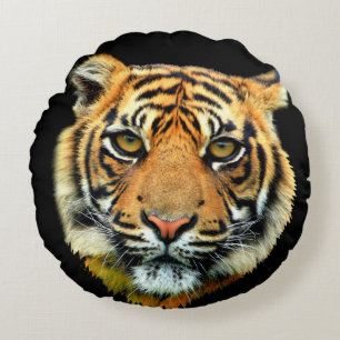 Wild Tiger Animal Face on Black Round Cushion
