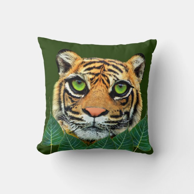 Wild Tiger Face on Forest Green Cushion (Front)