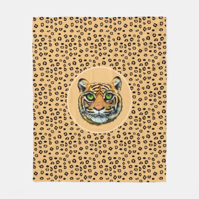 Wild Tiger Face on Tiger Skin Pattern Fleece Blanket (Front)