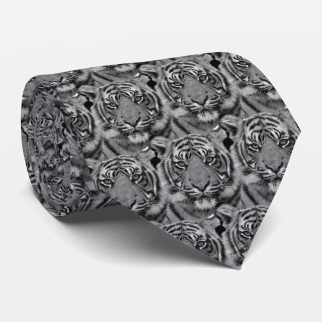 Wild Tiger Face Pattern in Grey Shades Tie (Rolled)