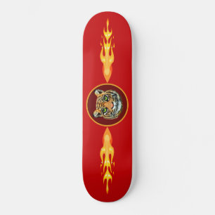 Wild tiger, flames on red skateboard