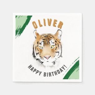 Wild Tiger Head Watercolor Birthday Name Napkin