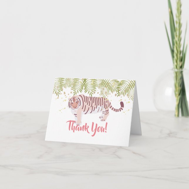 Wild Tiger Palm Tree Leaves Pink Thank You Card (Front)