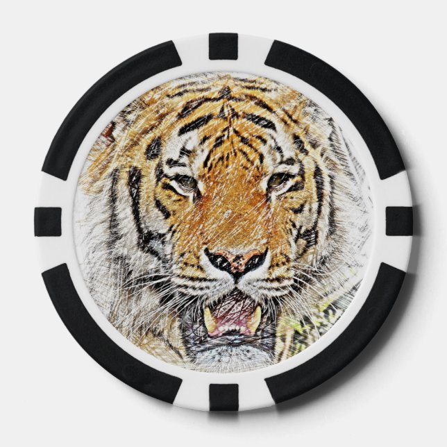 Wild Tiger Sketch - Safari Theme Poker Chips (Front)