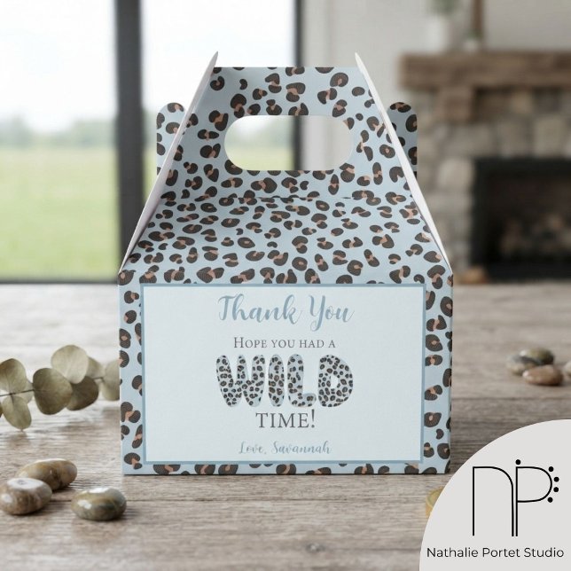 Wild Time Leopard Print Thank You Favour Box (Baby boy leopard favor boxes with jungle leaves and blue hibiscus flowers for safari baby showers)
