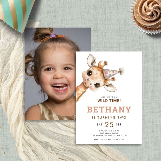 Wild Time Photo Giraffe 2nd Birthday Party Invitation (Front and back view)