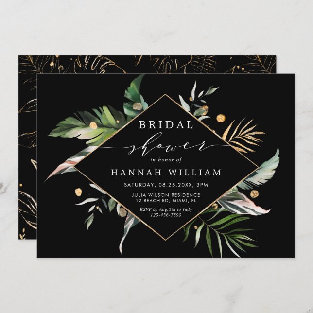Wild Tropical Foliage Black Bridal Shower Invitation (Front/Back)