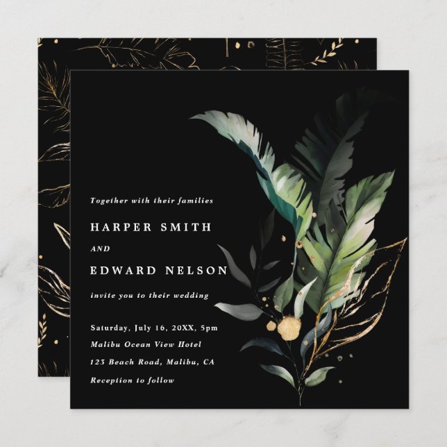 Wild Tropical Foliage Black Wedding Square Invitation (Front/Back)