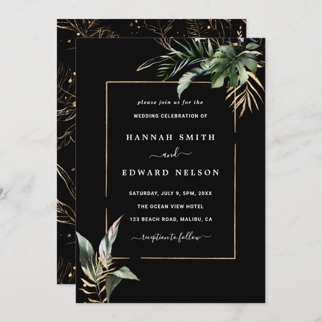 Wild Tropical Foliage Watercolor Wedding Black  Invitation (Front/Back)