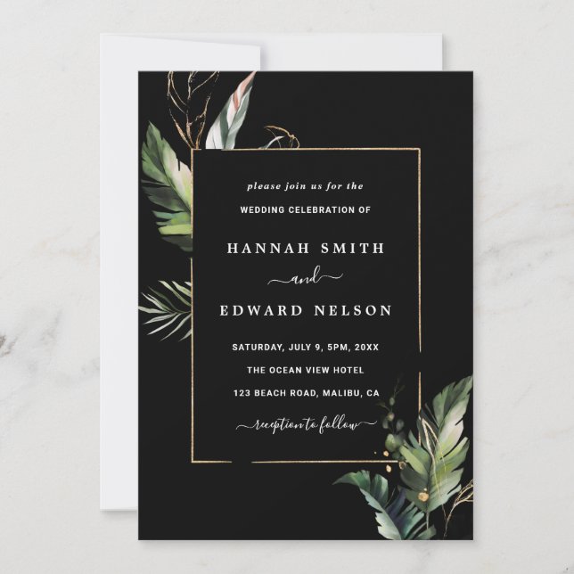 Wild Tropical Foliage Wedding Black Invitation (Front)