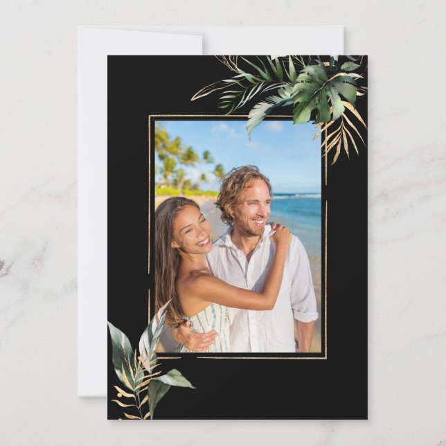 Wild Tropical Foliage Wedding Black Photo Invitation (Back)
