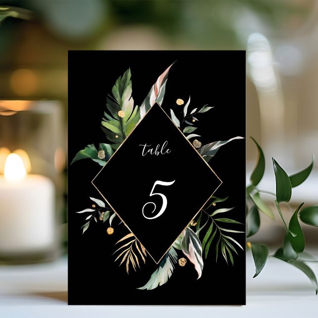 Wild Tropical Foliage Wedding Black  Table Number (Creator Uploaded)