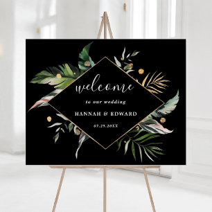 Wild Tropical Foliage Wedding Black Welcome Sign