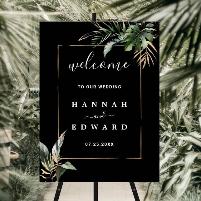 Wild Tropical Foliage Wedding Black Welcome Sign (Creator Uploaded)