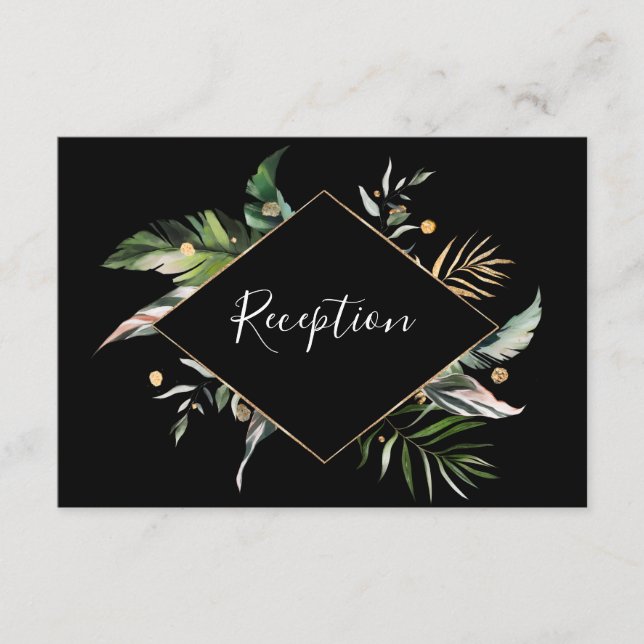 Wild Tropical Foliage Wedding Reception Black Enclosure Card (Front)