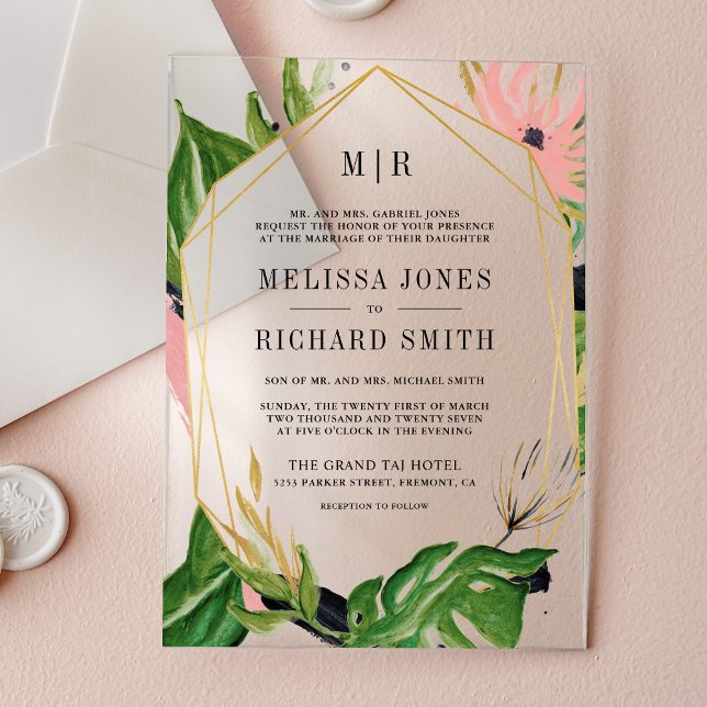 Wild Tropical Gold Pink Floral Wedding Acrylic Invitations (Creator Uploaded)