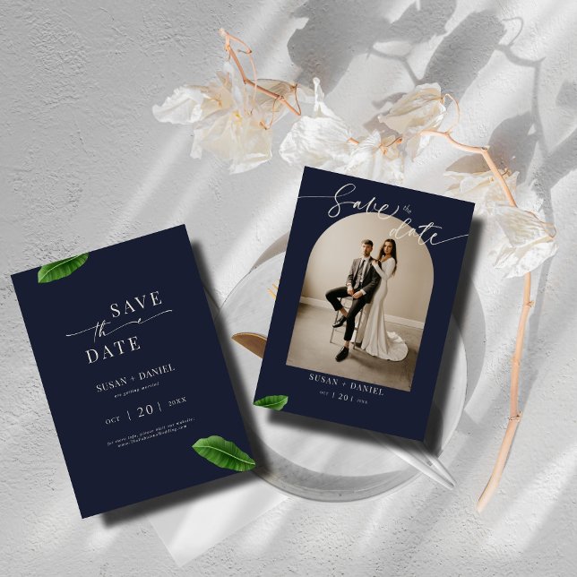 Wild Tropical Leaves & Modern Wedding Arch Photo Save The Date (Creator Uploaded)