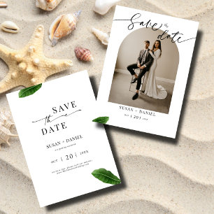Wild Tropical Leaves & Modern Wedding Arch Photo Save The Date
