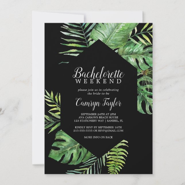Wild Tropical Palm | Black Bachelorette Weekend Invitation (Front)