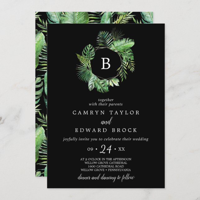 Wild Tropical Palm | Black Monogram Wedding Invitation (Front/Back)
