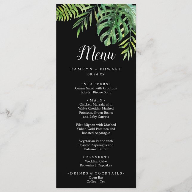 Wild Tropical Palm | Black Wedding Dinner Menu (Front)