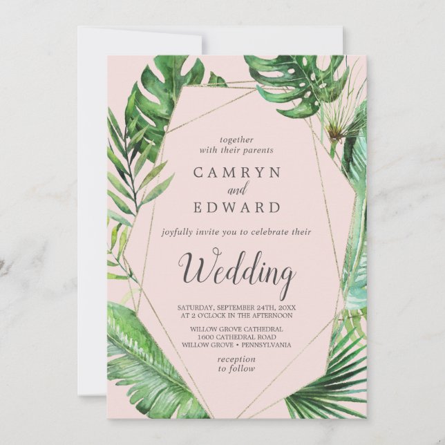 Wild Tropical Palm | Blush Geometric Wedding Invitation (Front)
