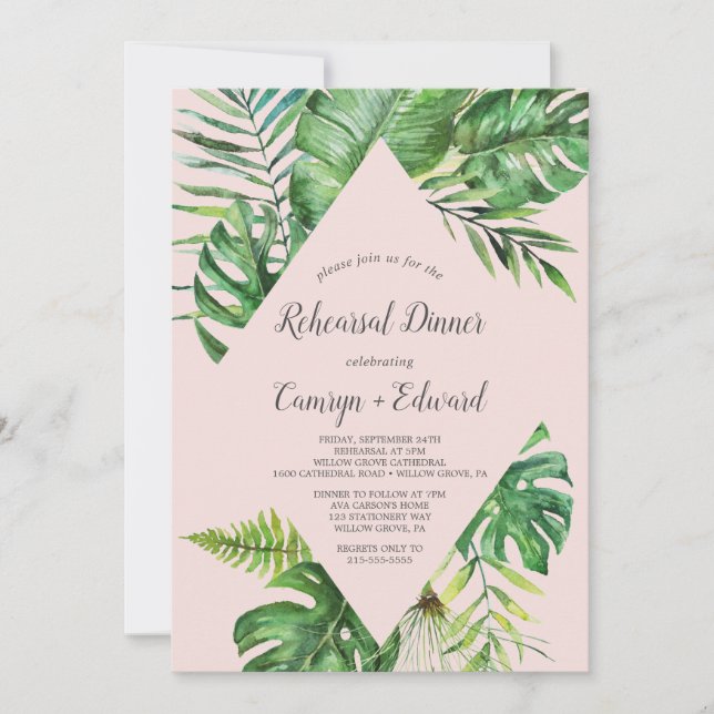 Wild Tropical Palm | Blush Rehearsal Dinner Invitation (Front)