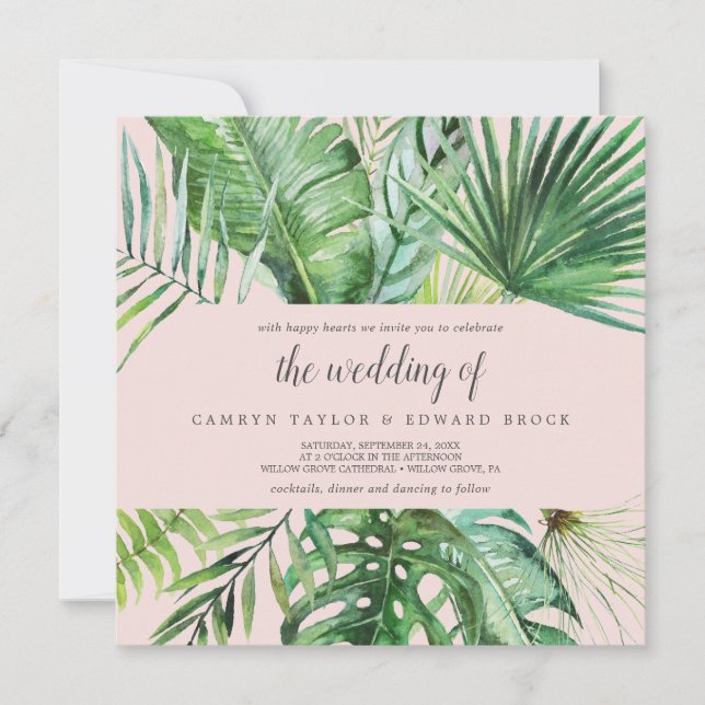 Wild Tropical Palm | Blush Square Wedding Invitation (Front)