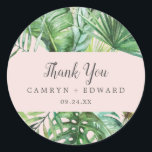 Wild Tropical Palm | Blush Thank You Favour Sticke Classic Round Sticker<br><div class="desc">These wild tropical palm blush thank you favour stickers are perfect for a beach or destination wedding reception. The design features an exotic array of green watercolor banana palm tree leaves, ferns, foliage, botanical plants and greenery on a blush pink background for a tropical summer feel. Personalise the sticker labels...</div>