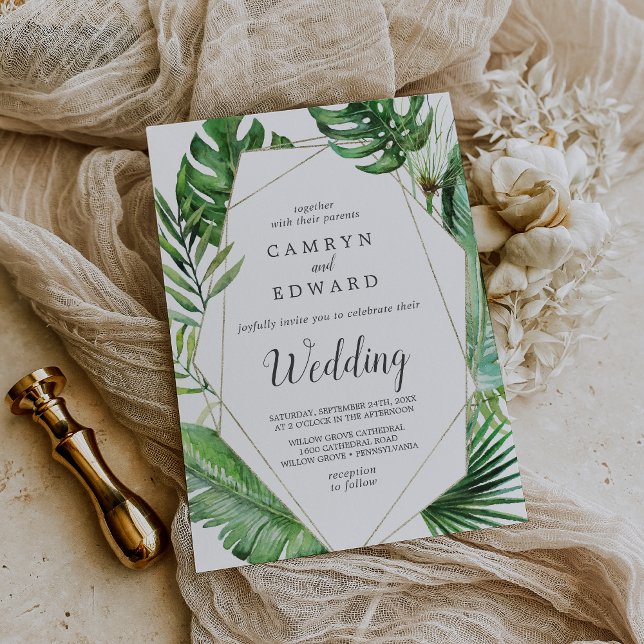Wild Tropical Palm Geometric Wedding Invitation (Wild Tropical Palm Geometric Summer Beach Wedding Invitation)