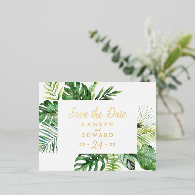 Wild Tropical Palm | Gold Foil Save the Date Foil Invitation Postcard (Standing Front)